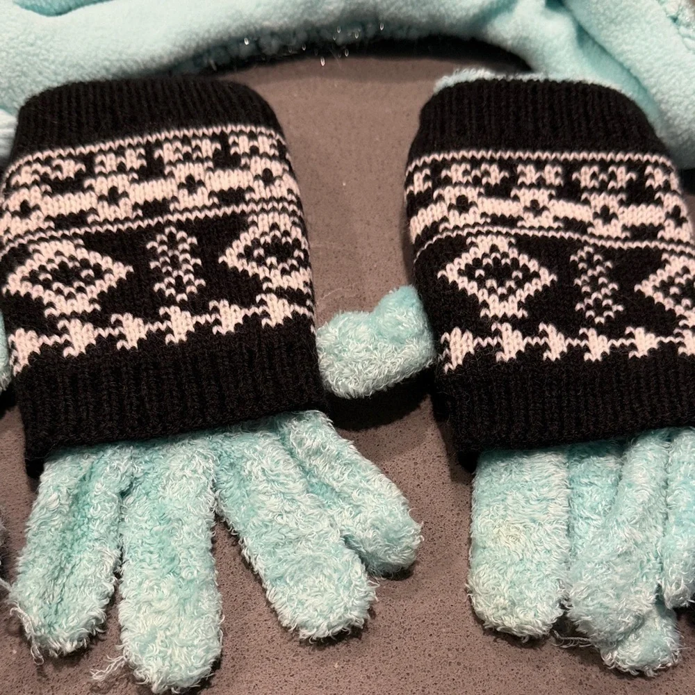 Justice kids Blue and Black Winter Hat and Gloves Set